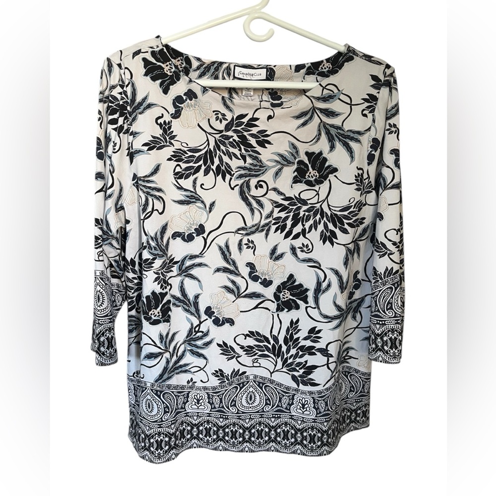 Charter‎ Club Monochrome Floral Women's Blouse 3/4 Sleeves, Boat Neck Sz L